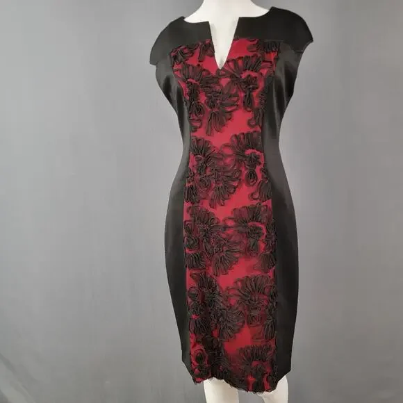 Connected Apparel Bodycon Dress 6 Black Red Floral Appliqué Party - Picture 3 of 11